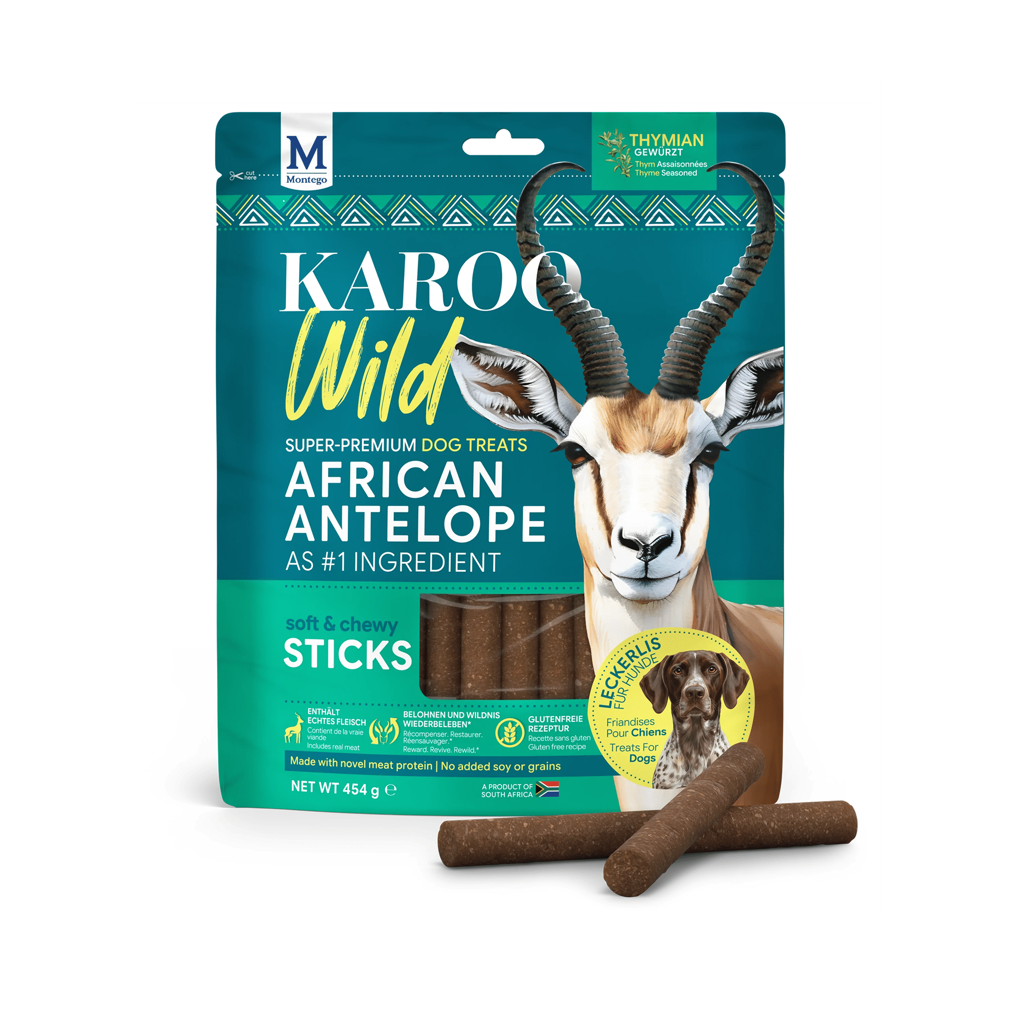 Zak met Karoo-hondensnoepjes in de vorm van een wilde Afrikaanse antilope met een giraffe erop? Eigenlijk is het een afbeelding van een antilope, maar er is een kudu-kop te zien en die steekt buiten de zak.