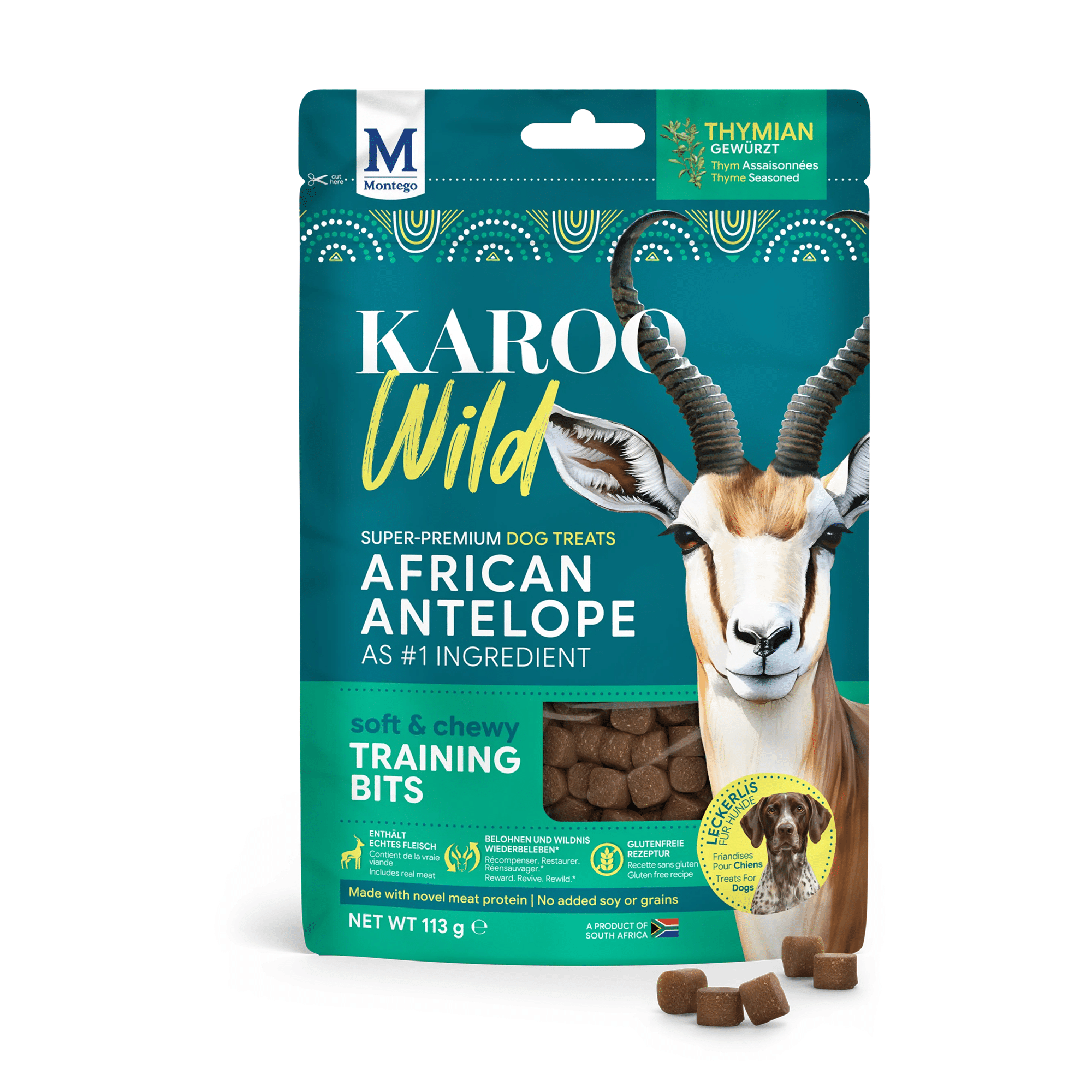 Voorkant van een turquoise hondenkoekjeszak met het opschrift 'Karoo Wild' en een afbeelding van een Afrikaanse antilope.