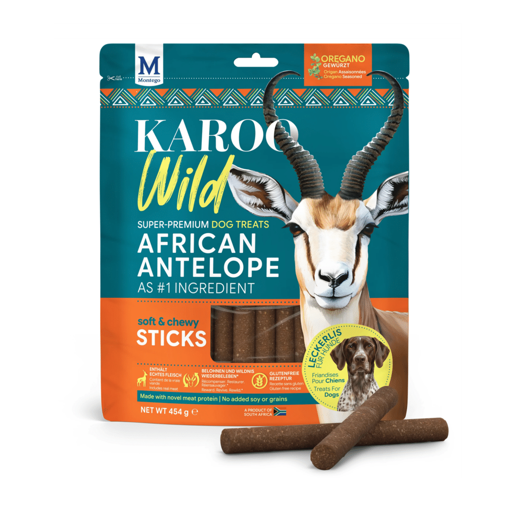 karoo wild dog treats package featuring an african antelope on teal and orange packaging, 454 g net weight (dog snacks)