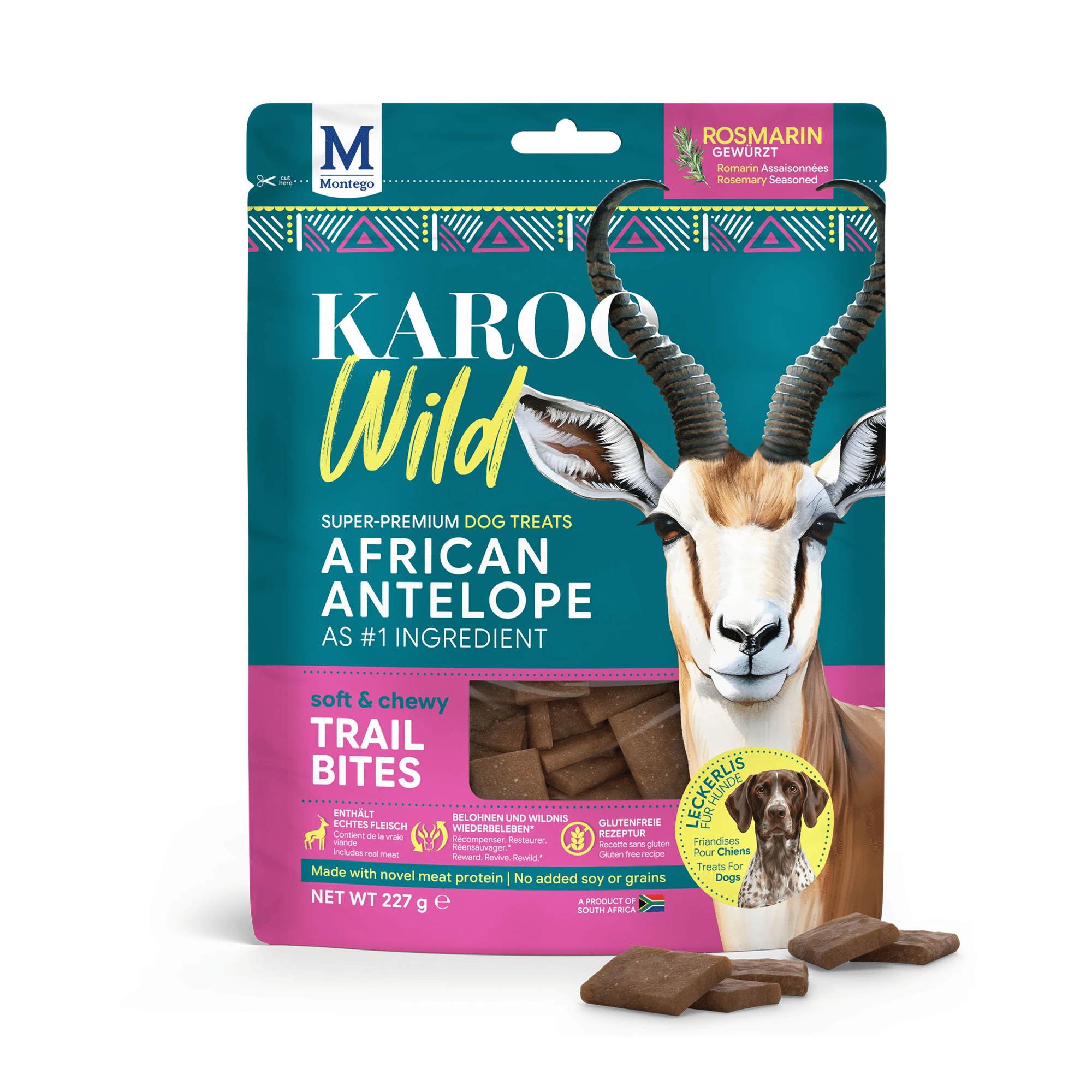 Zak met Karoo-hondenkoekjes in de vorm van een wilde Afrikaanse antilope, met een afbeelding van een antilope en verspreide koekjes op de bodem.