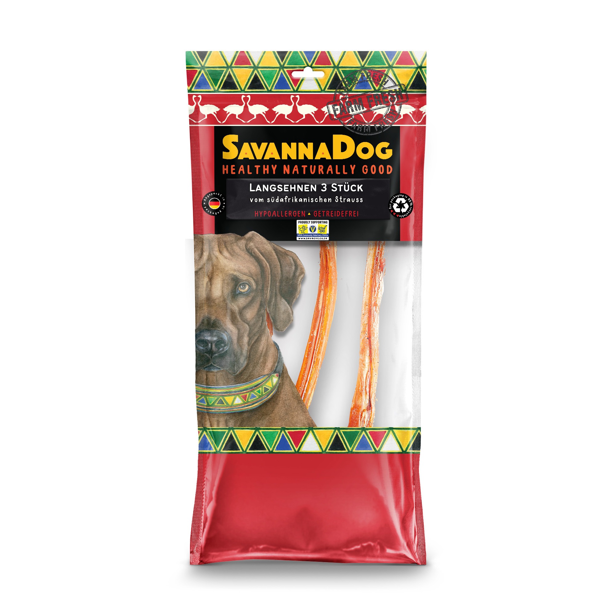 Waar vind ik mijn vertrouwde product? 233 Lange pezen van Zuid-Afrikaanse struisvogel 3 stuks / 120 g SavannaDog