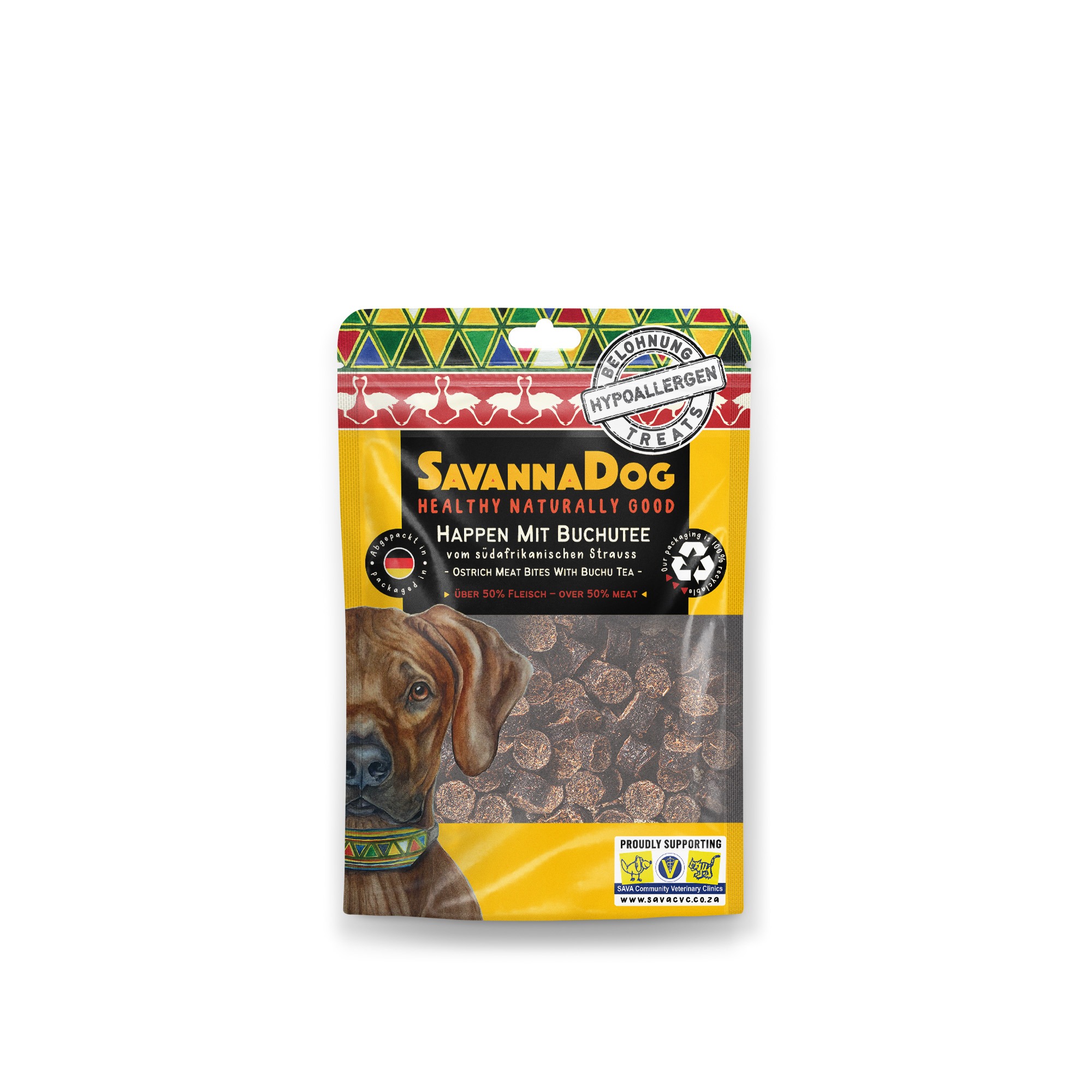 Waar vind ik mijn vertrouwde product? 193 Happen met buchute-thee-extract van Zuid-Afrikaanse struisvogel 200 g SavannaDog